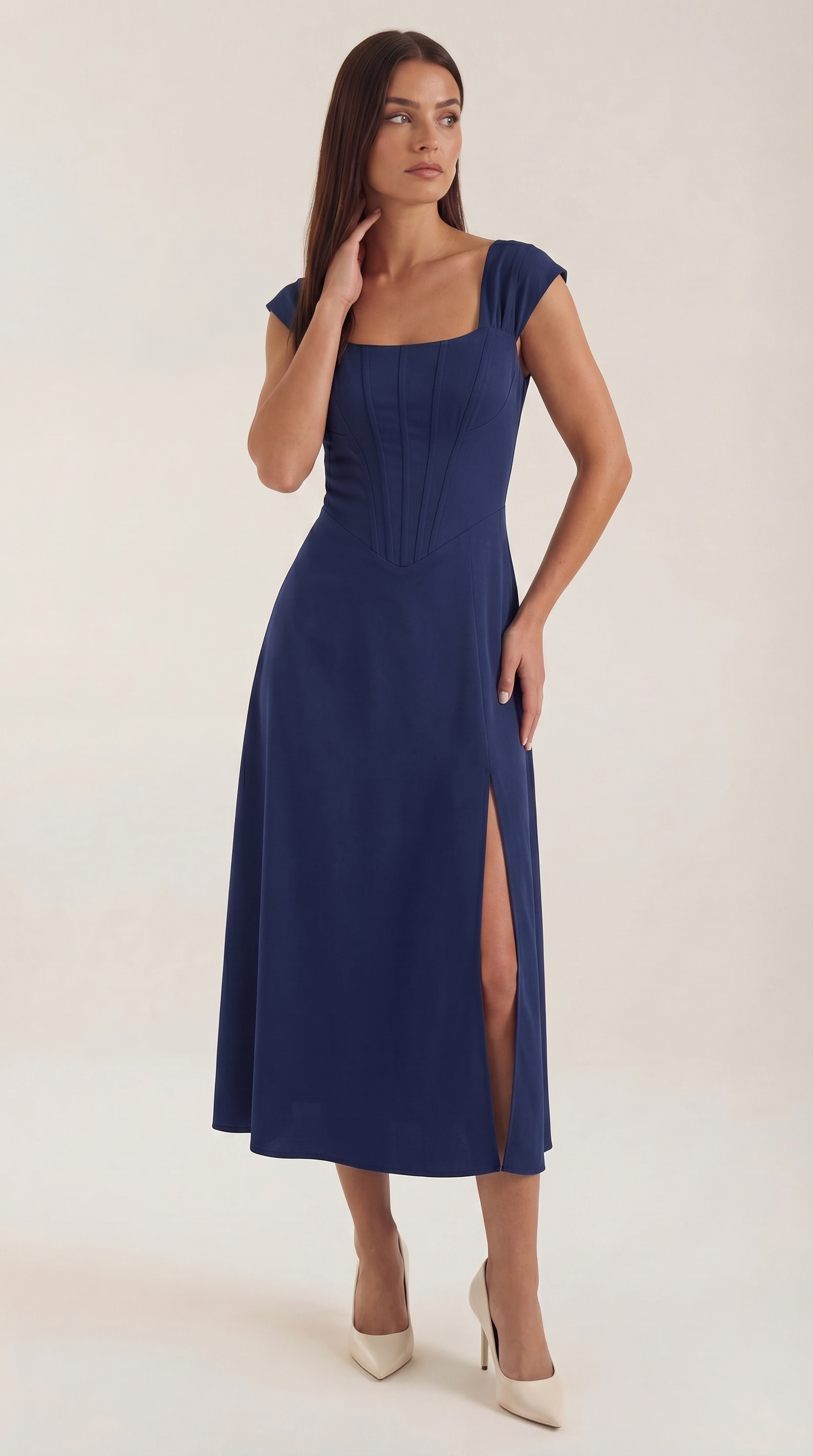 Women's Floral Midi Dress with Adjustable Straps and Corset Seaming - Navy Blue