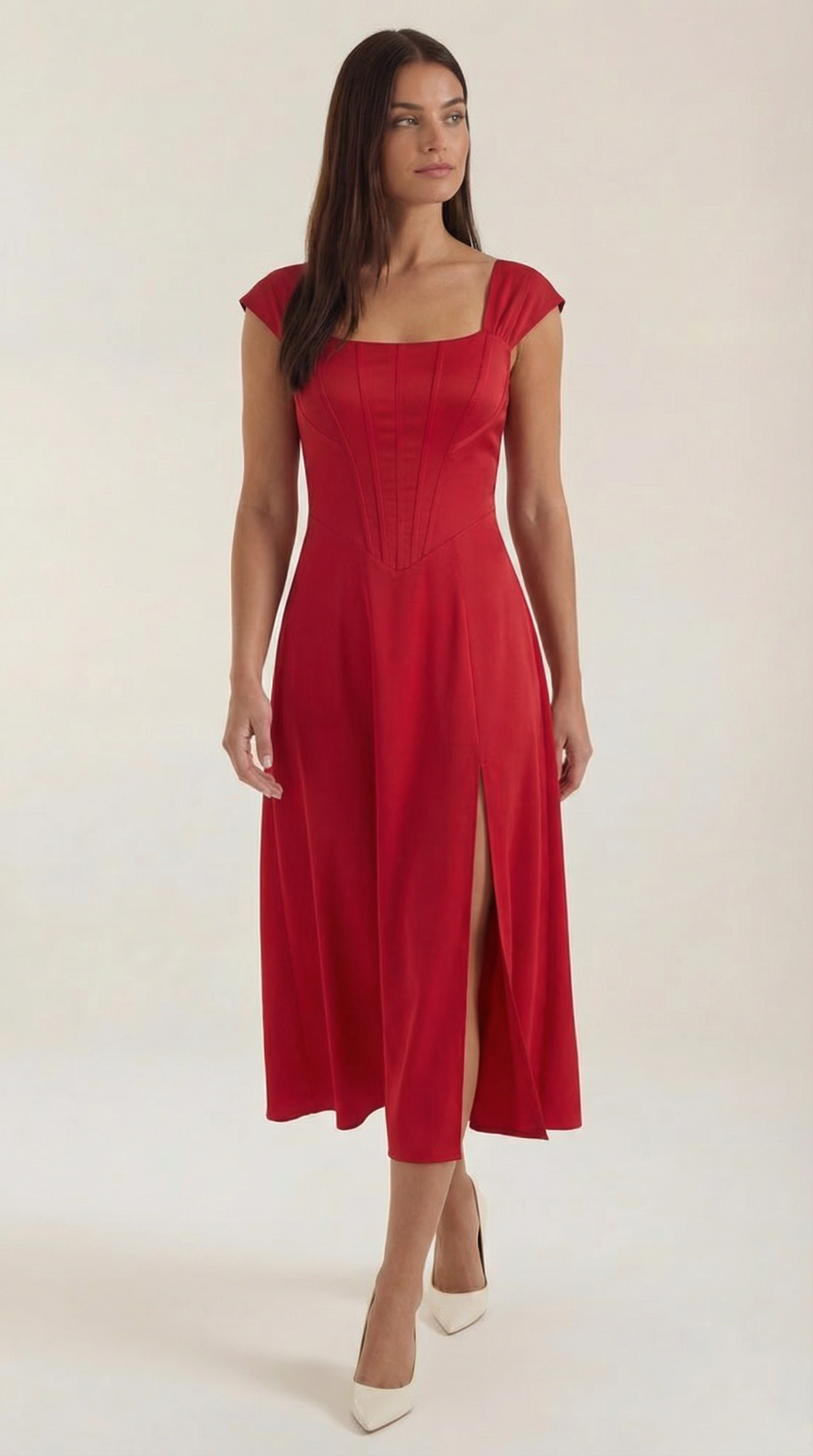 Women's Floral Midi Dress with Adjustable Straps and Corset Seaming - Red