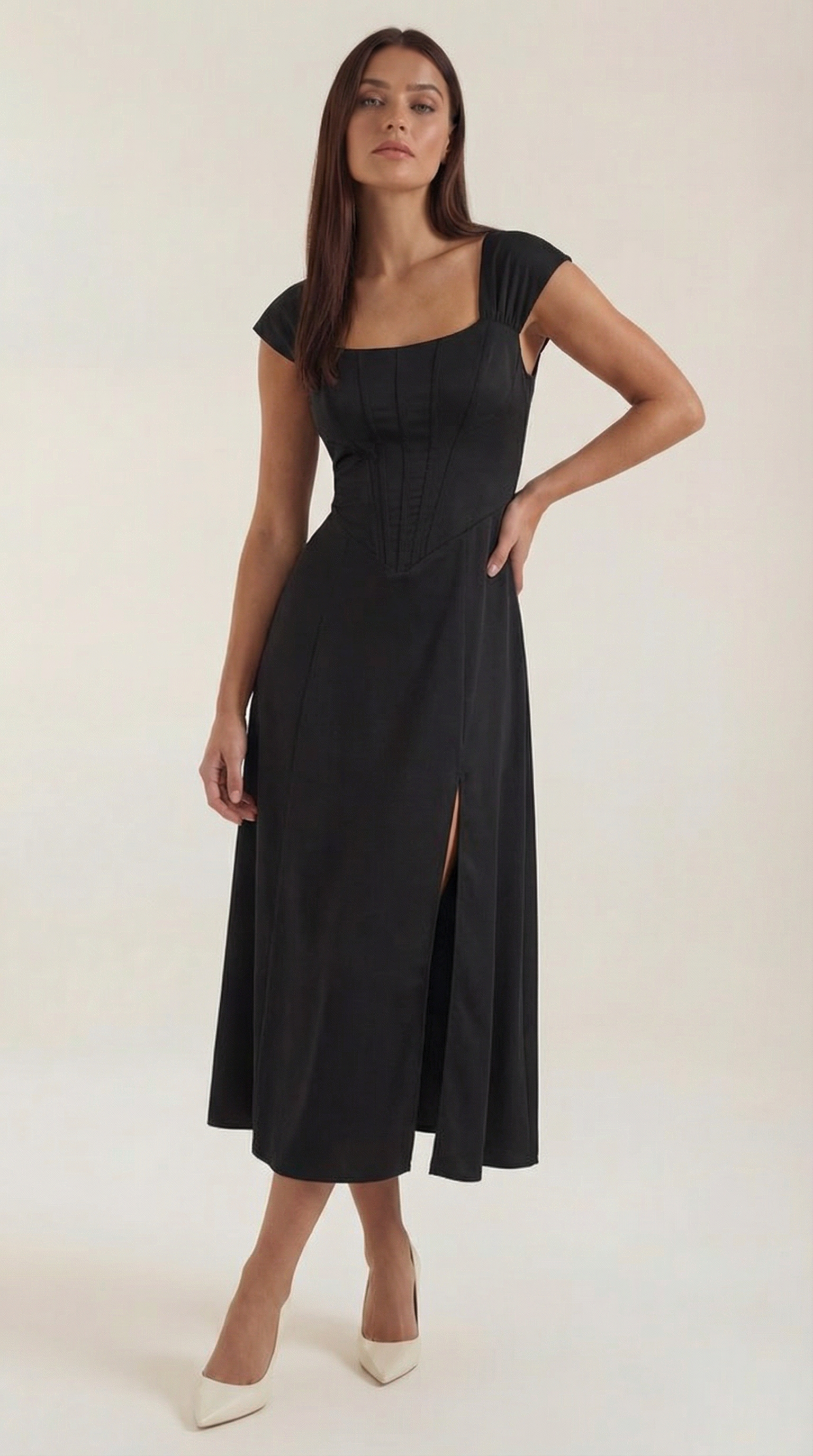 Women's Floral Midi Dress with Adjustable Straps and Corset Seaming - Black