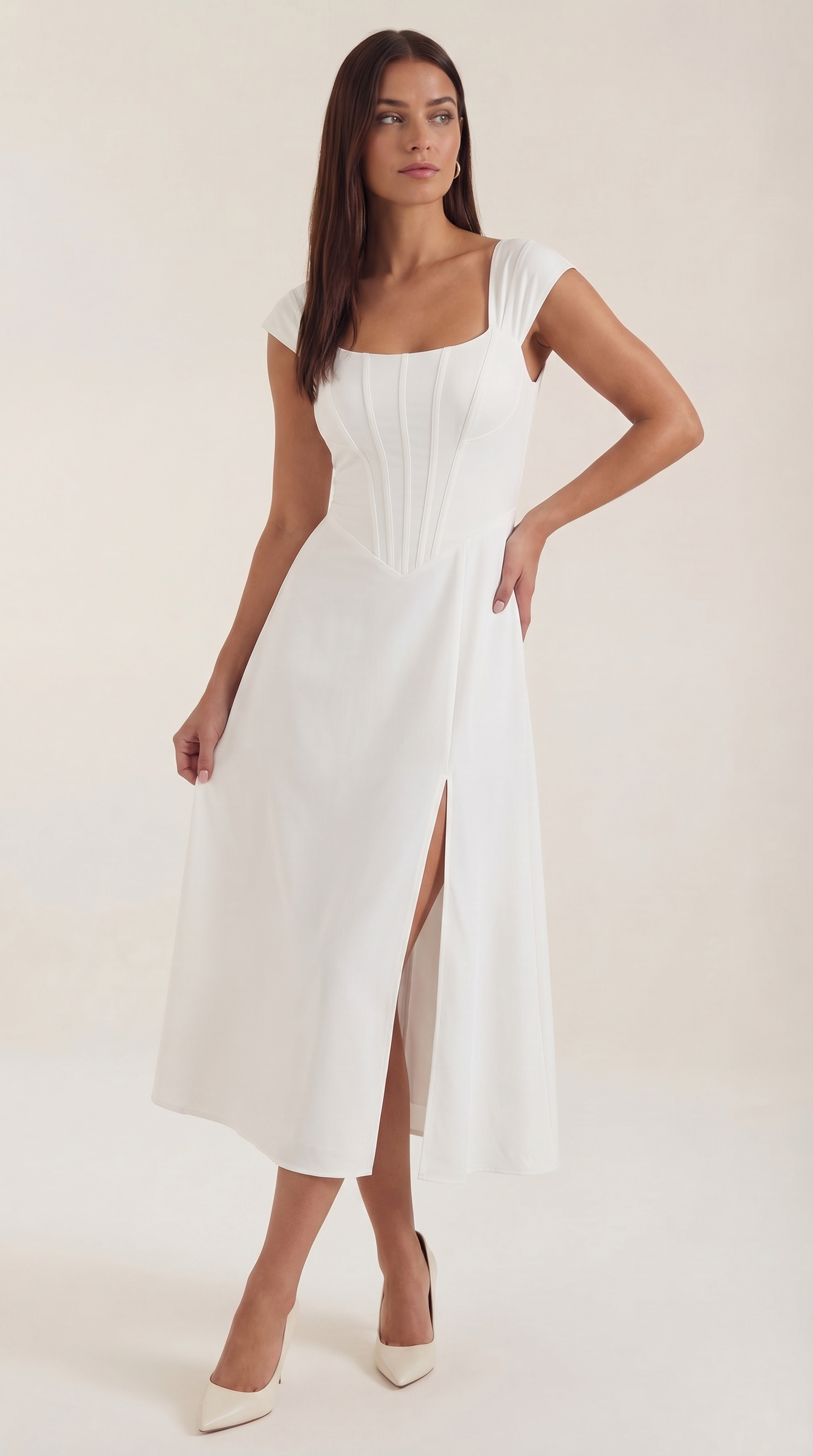Women's Floral Midi Dress with Adjustable Straps and Corset Seaming - White