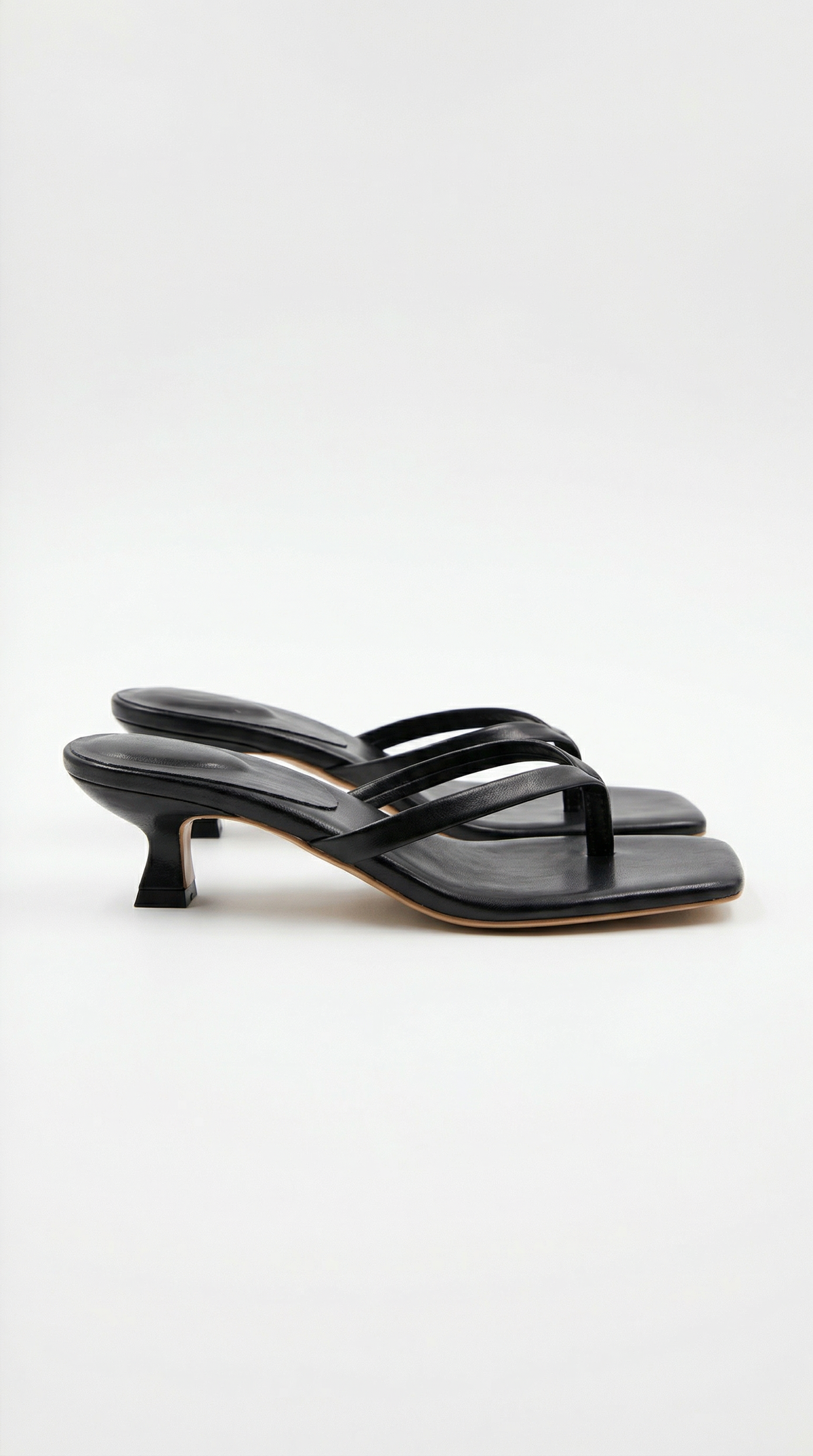 Women's Kitten Heel Sandals with Slim Toe-Post Straps - Black