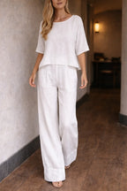 Women's Two Piece Set with Wide Leg Trousers and Short Sleeve Top - White