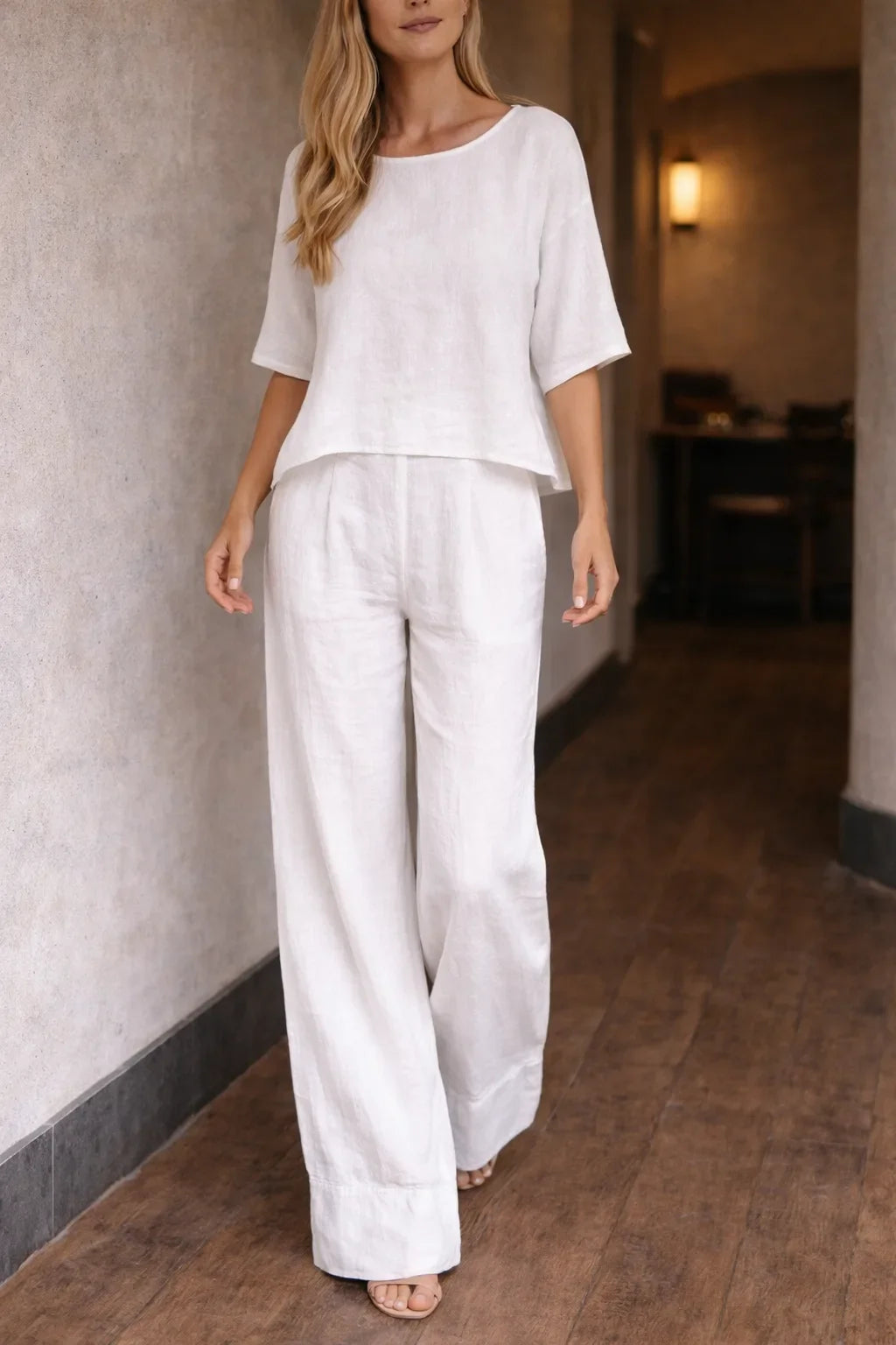 Women's Two Piece Set with Wide Leg Trousers and Short Sleeve Top - White