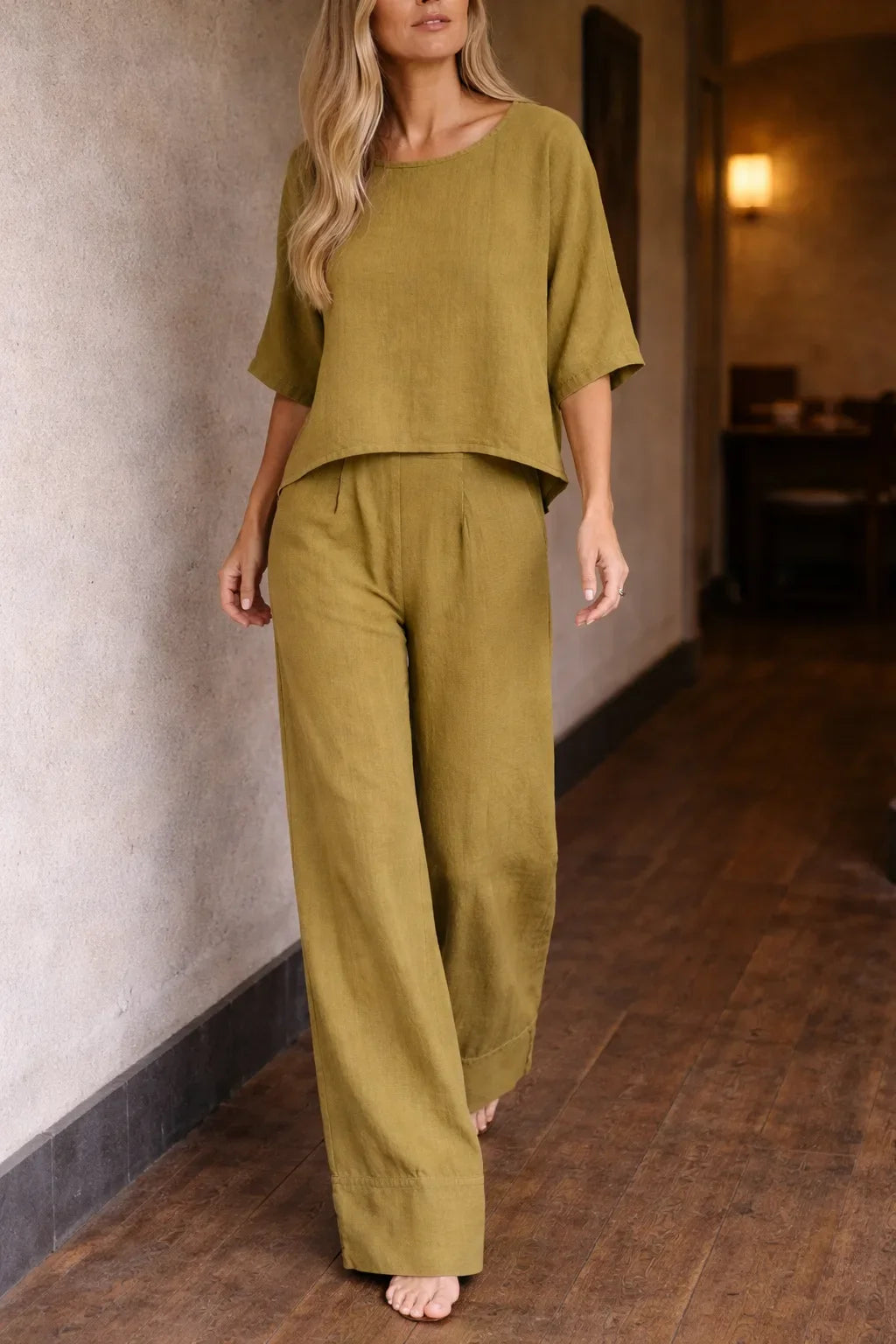 Women's Two Piece Set with Wide Leg Trousers and Short Sleeve Top - Yellow