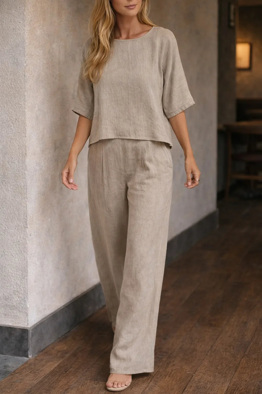 Women's Two Piece Set with Wide Leg Trousers and Short Sleeve Top - Light Grey