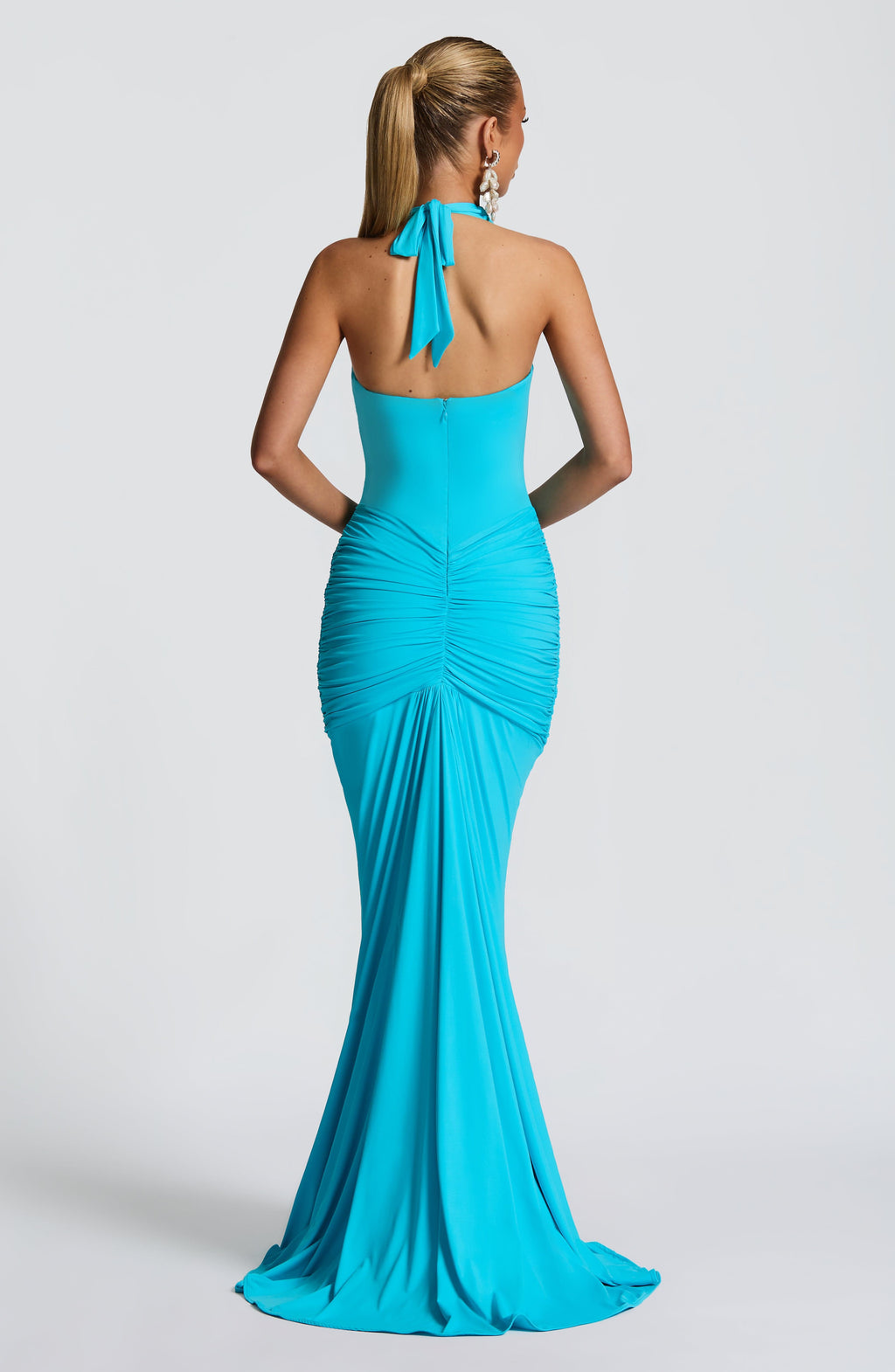 Women's Halter Maxi Dress with Ruched Draping and Train - 5
