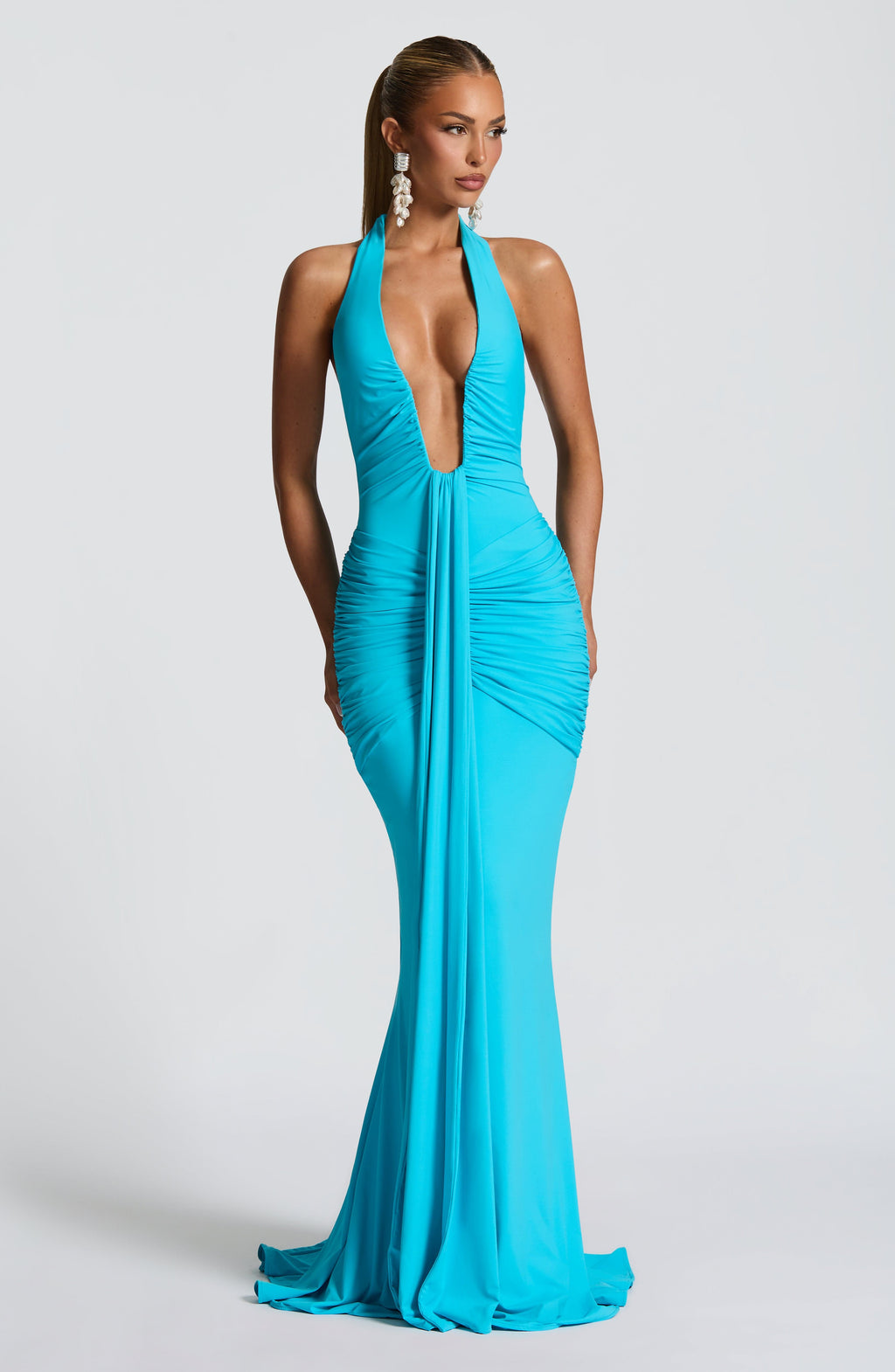 Women's Halter Maxi Dress with Ruched Draping and Train - 2