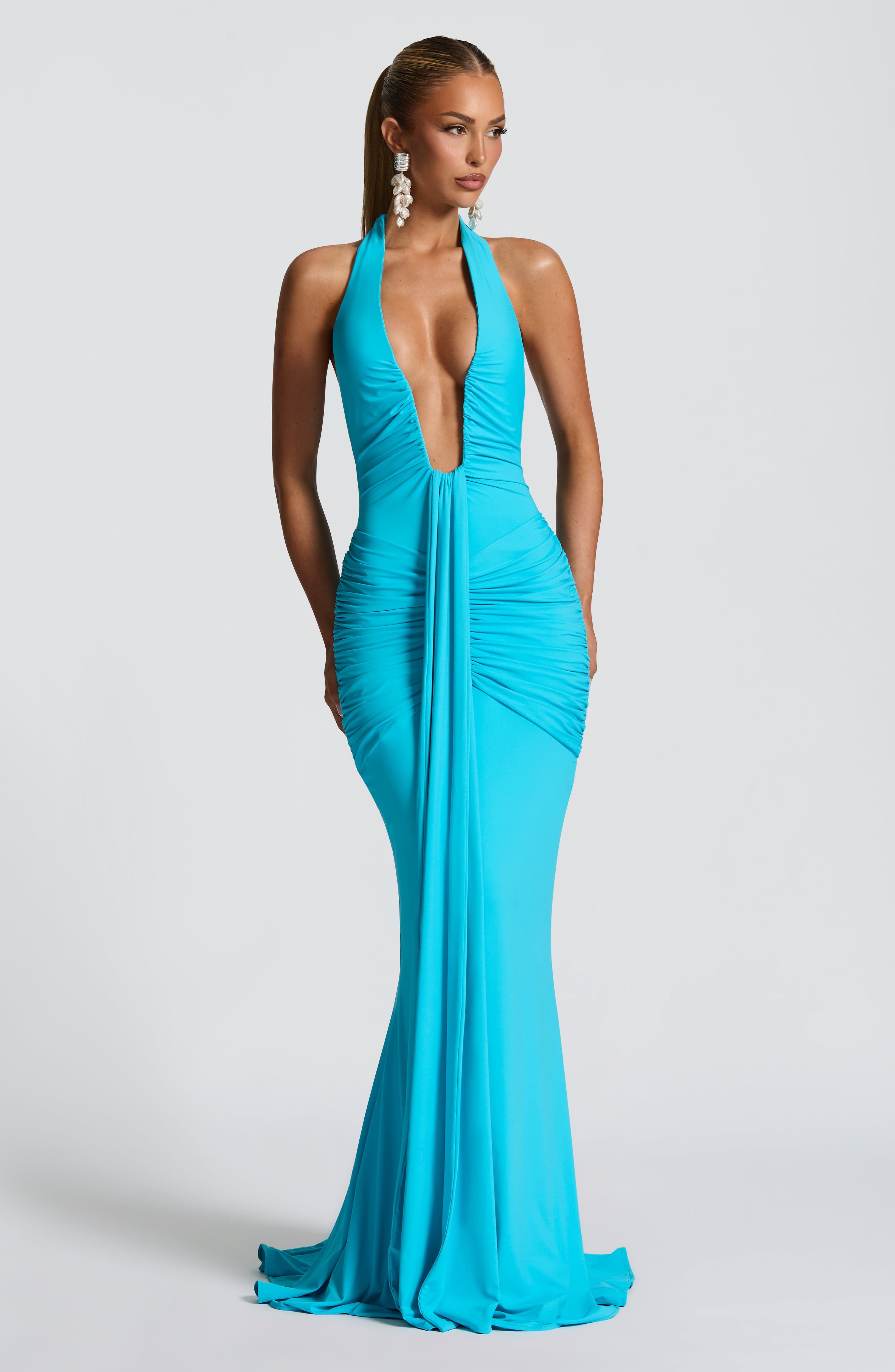 Women's Halter Maxi Dress with Ruched Draping and Train - 2