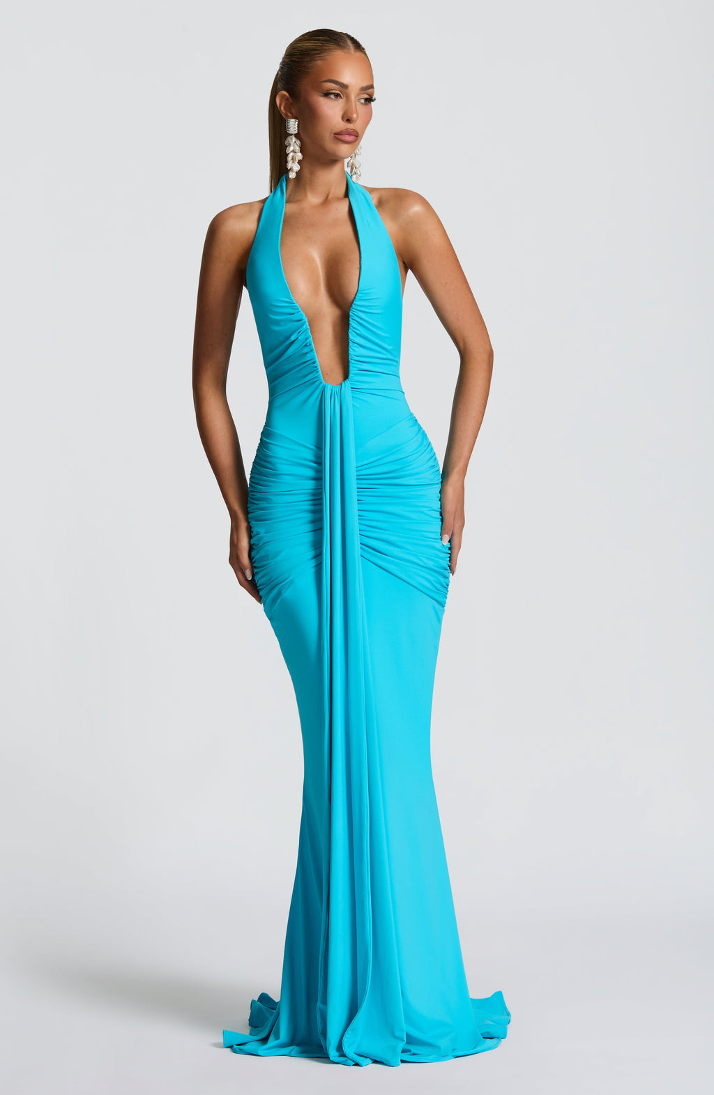 Women's Halter Maxi Dress with Ruched Draping and Train - 10