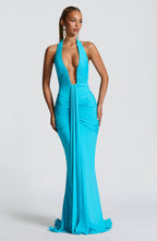 Women's Halter Maxi Dress with Ruched Draping and Train - 10