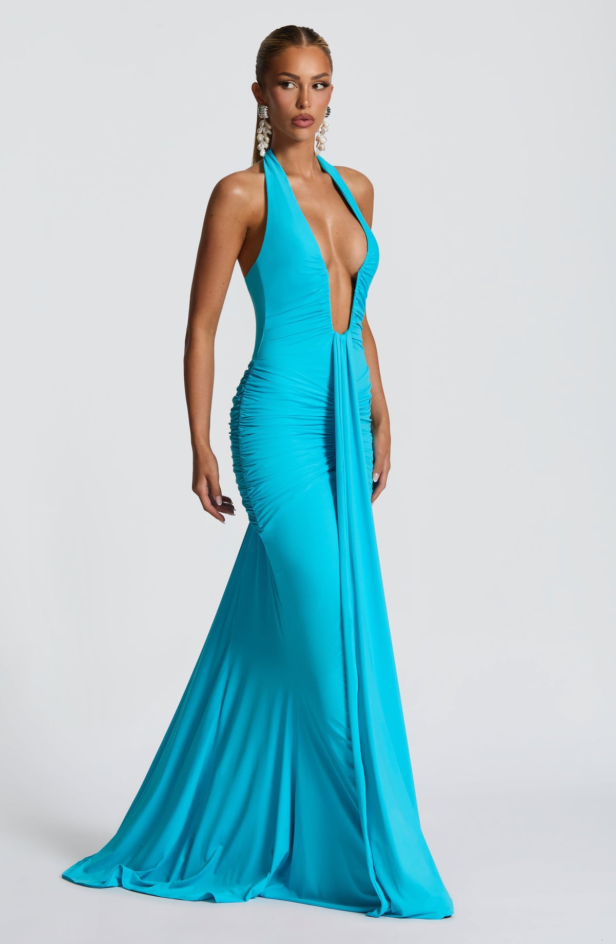 Women's Halter Maxi Dress with Ruched Draping and Train - 3