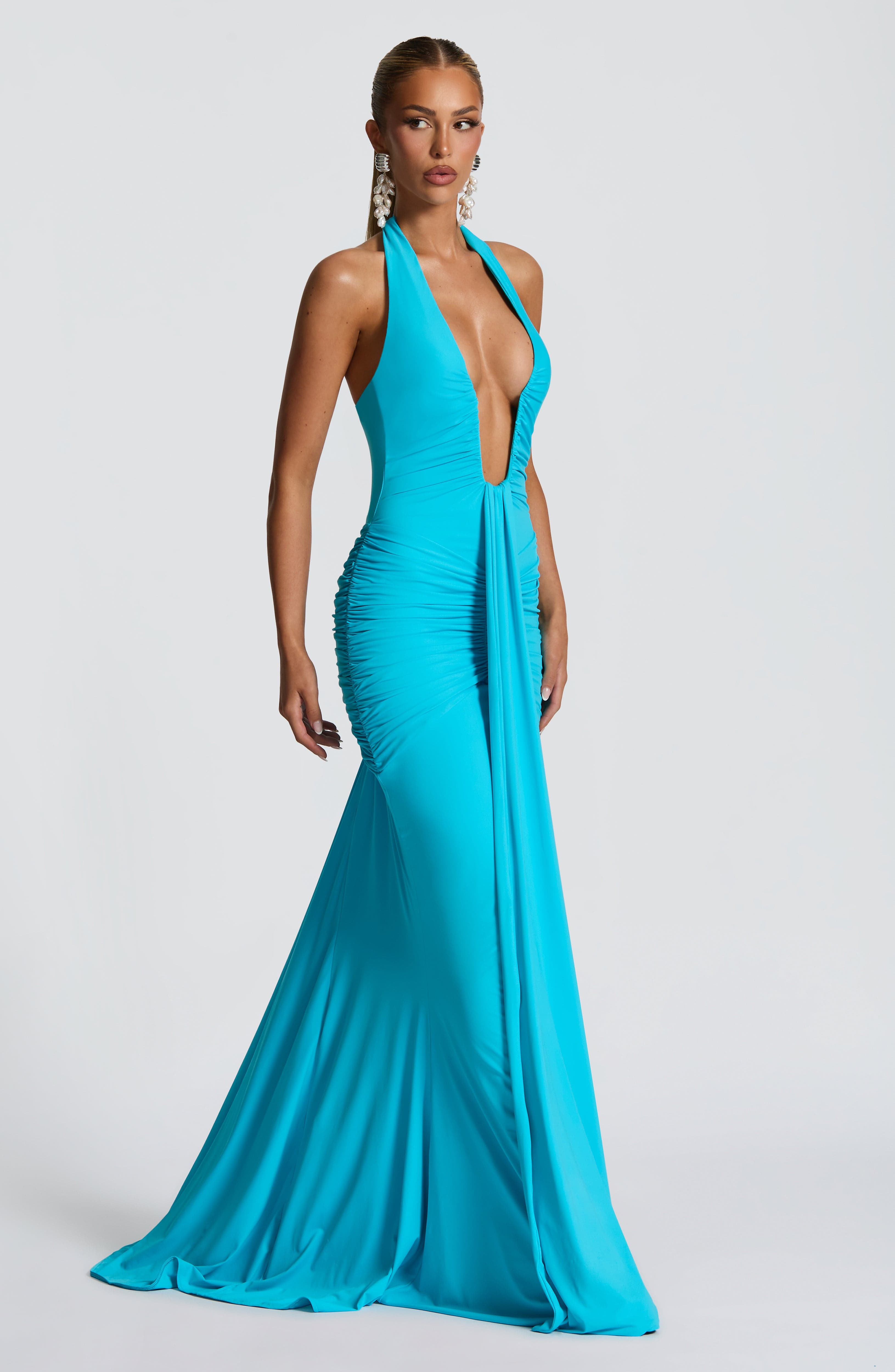 Women's Halter Maxi Dress with Ruched Draping and Train - 3