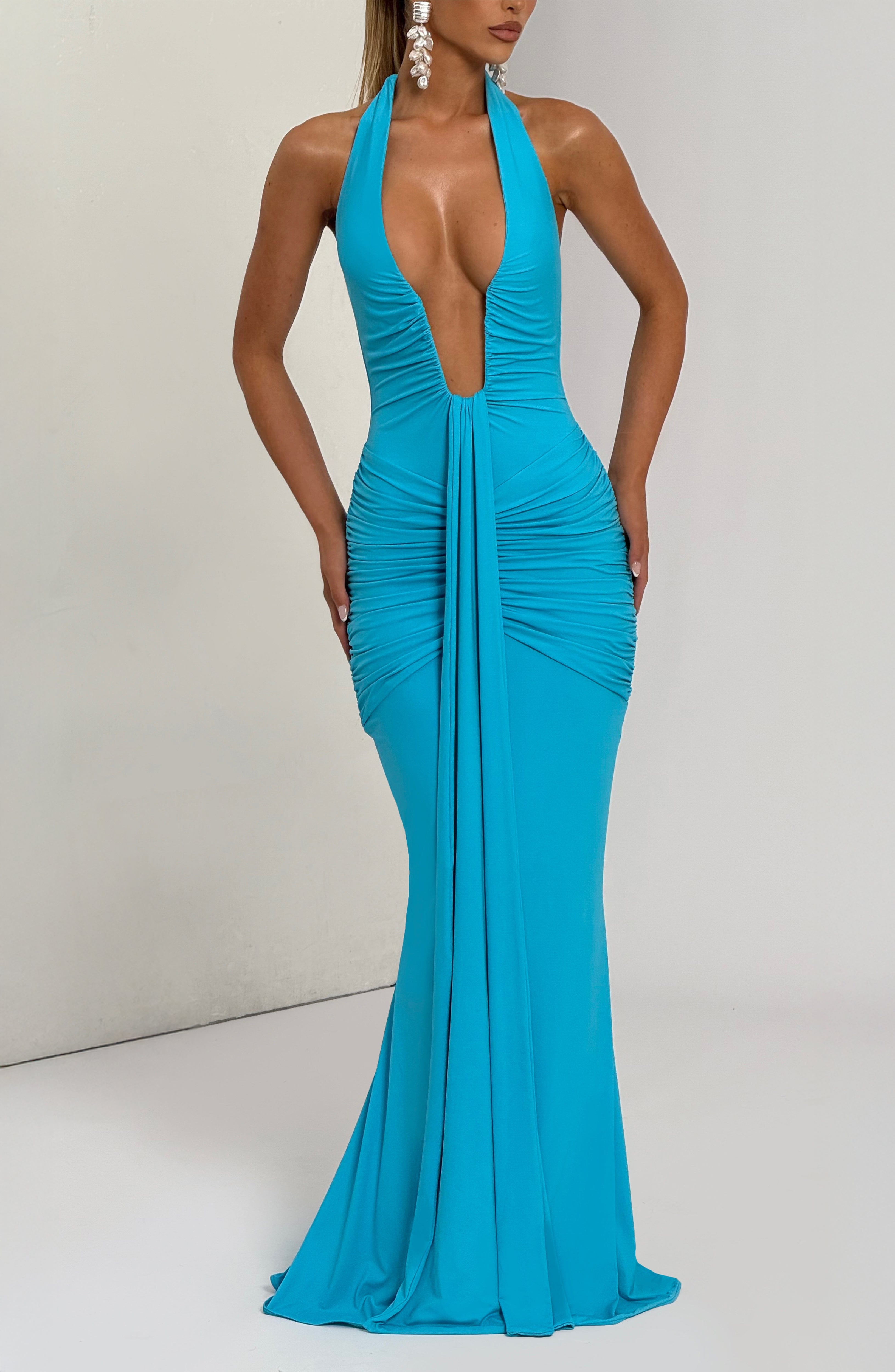 Women's Halter Maxi Dress with Ruched Draping and Train - 7