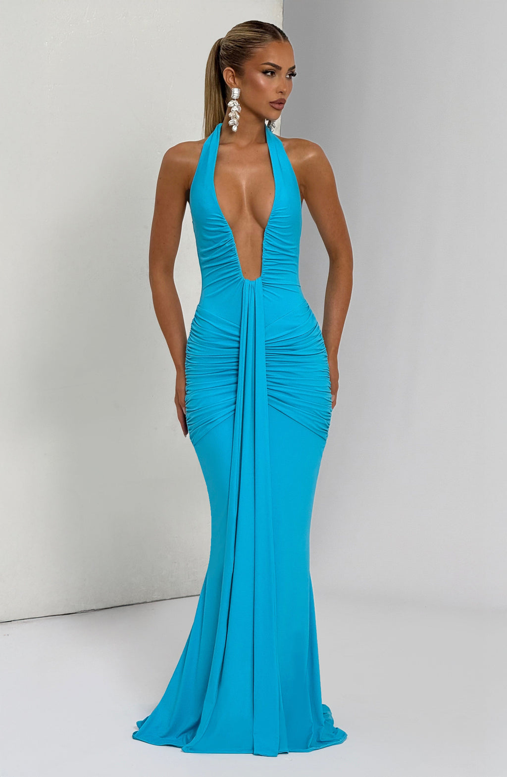 Women's Halter Maxi Dress with Ruched Draping and Train - 8