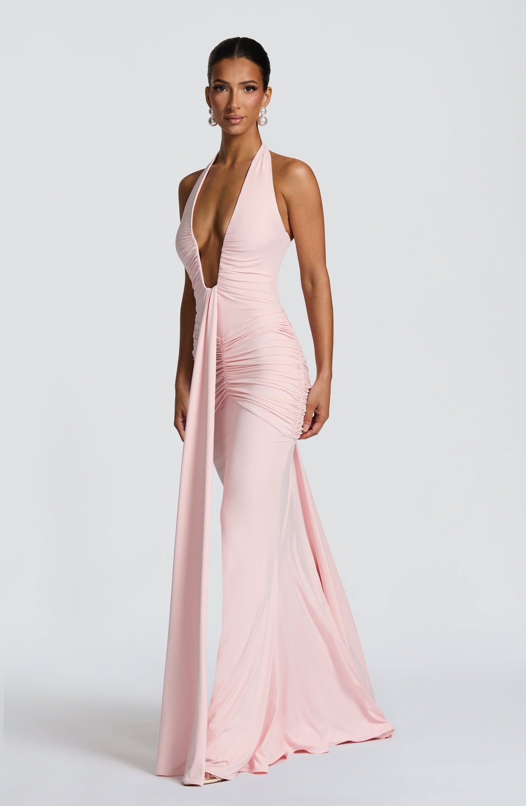 Women's Halterneck Maxi Dress with Ruched Detail and Train - 2