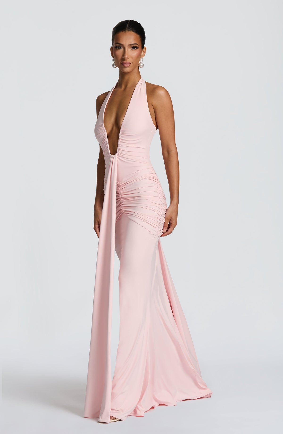 Women's Halterneck Maxi Dress with Ruched Detail and Train - 2