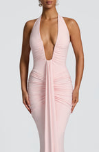 Women's Halterneck Maxi Dress with Ruched Detail and Train - 8