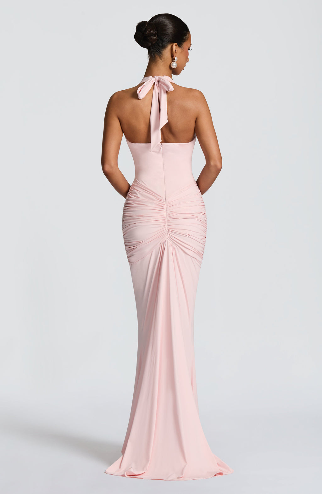 Women's Halterneck Maxi Dress with Ruched Detail and Train - 3