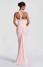 Women's Halterneck Maxi Dress with Ruched Detail and Train - 3