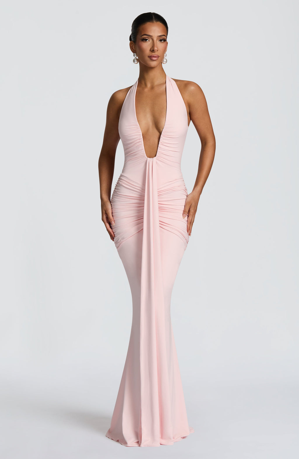 Women's Halterneck Maxi Dress with Ruched Detail and Train - 11