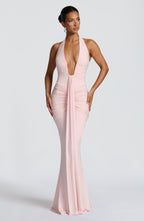 Women's Halterneck Maxi Dress with Ruched Detail and Train - 7