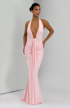 Women's Halterneck Maxi Dress with Ruched Detail and Train - 9