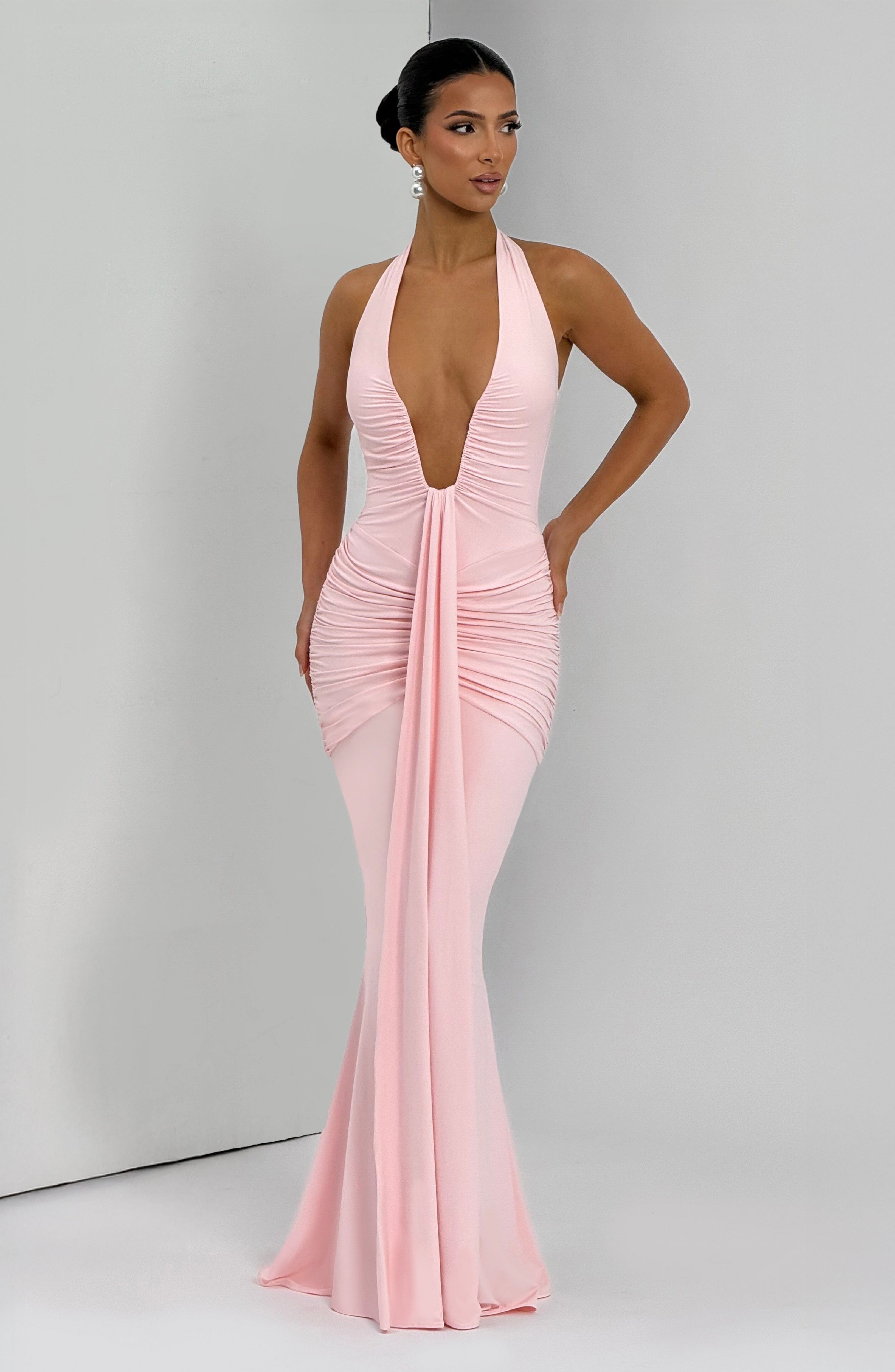 Women's Halterneck Maxi Dress with Ruched Detail and Train - 9