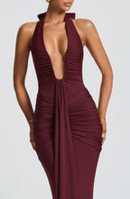 Women's Halterneck Maxi Dress with Draped Front and Train - 7