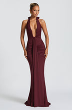 Women's Halterneck Maxi Dress with Draped Front and Train - 2