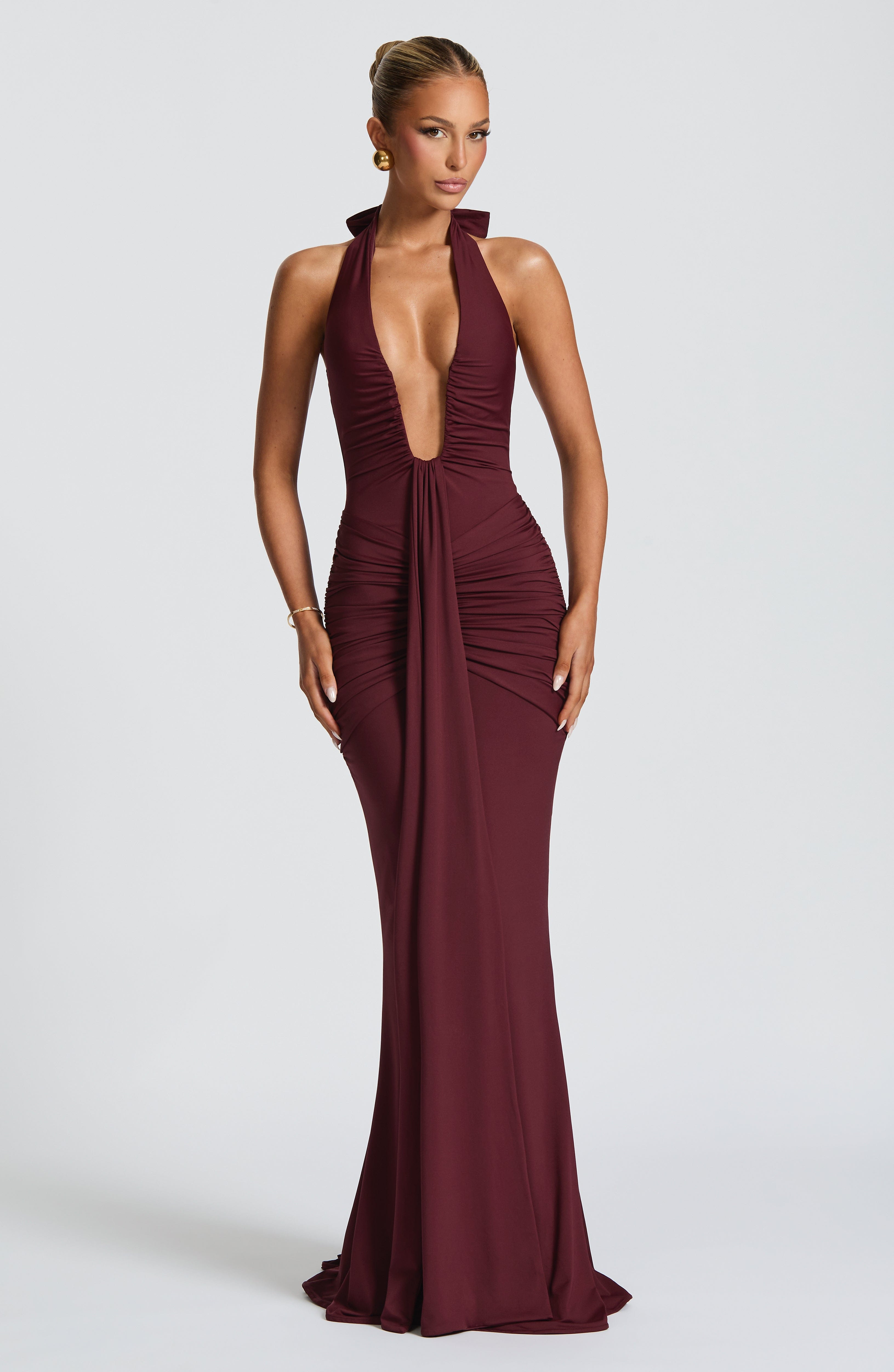 Women's Halterneck Maxi Dress with Draped Front and Train - 2