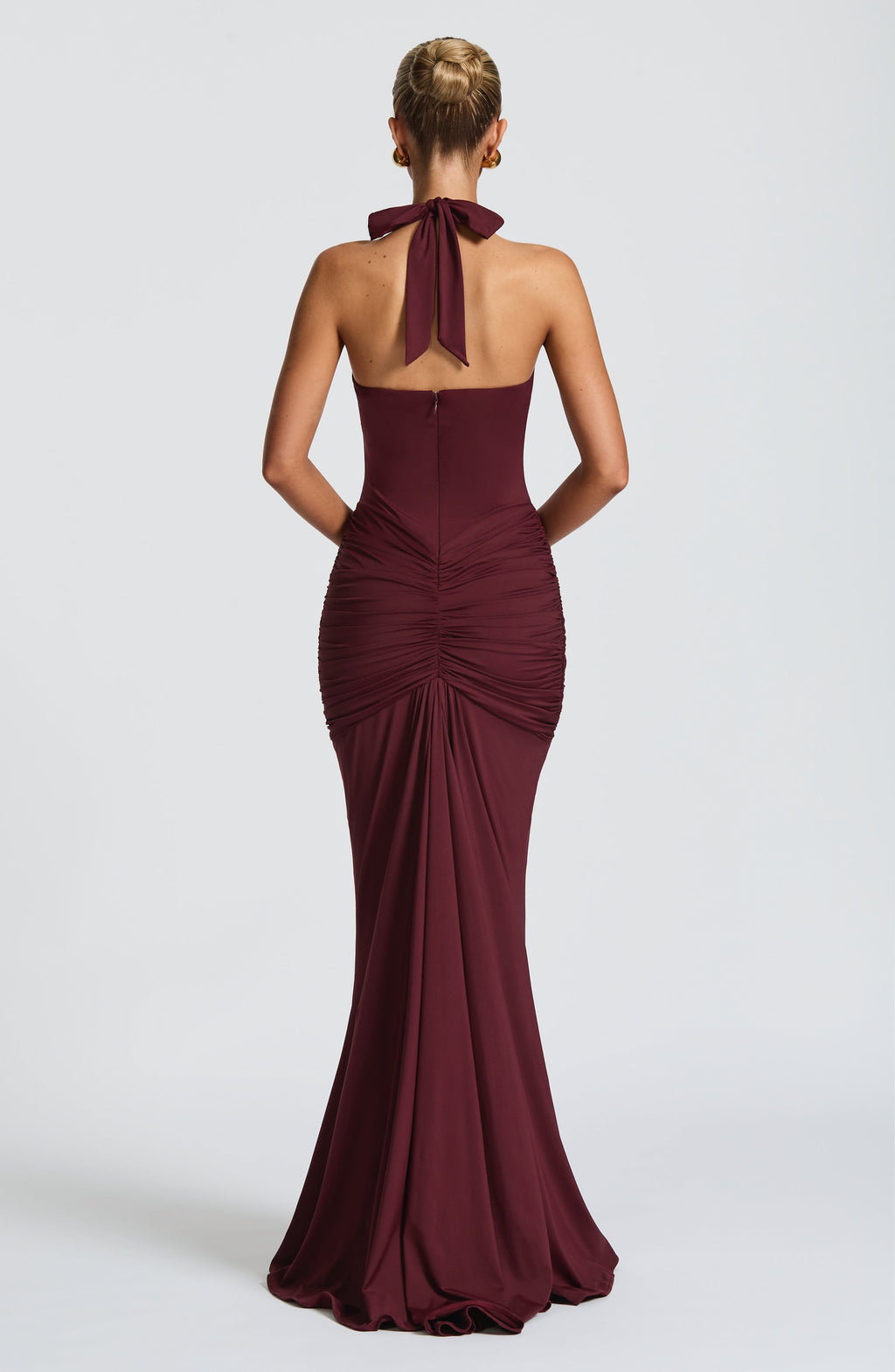 Women's Halterneck Maxi Dress with Draped Front and Train - 5