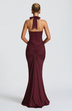 Women's Halterneck Maxi Dress with Draped Front and Train - 5