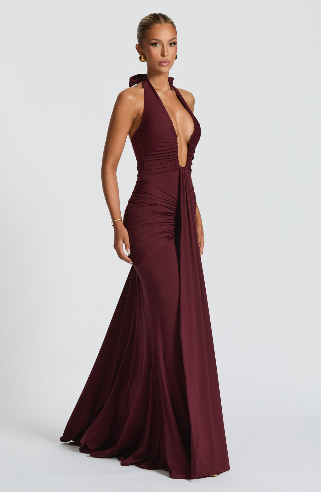 Women's Halterneck Maxi Dress with Draped Front and Train - 3