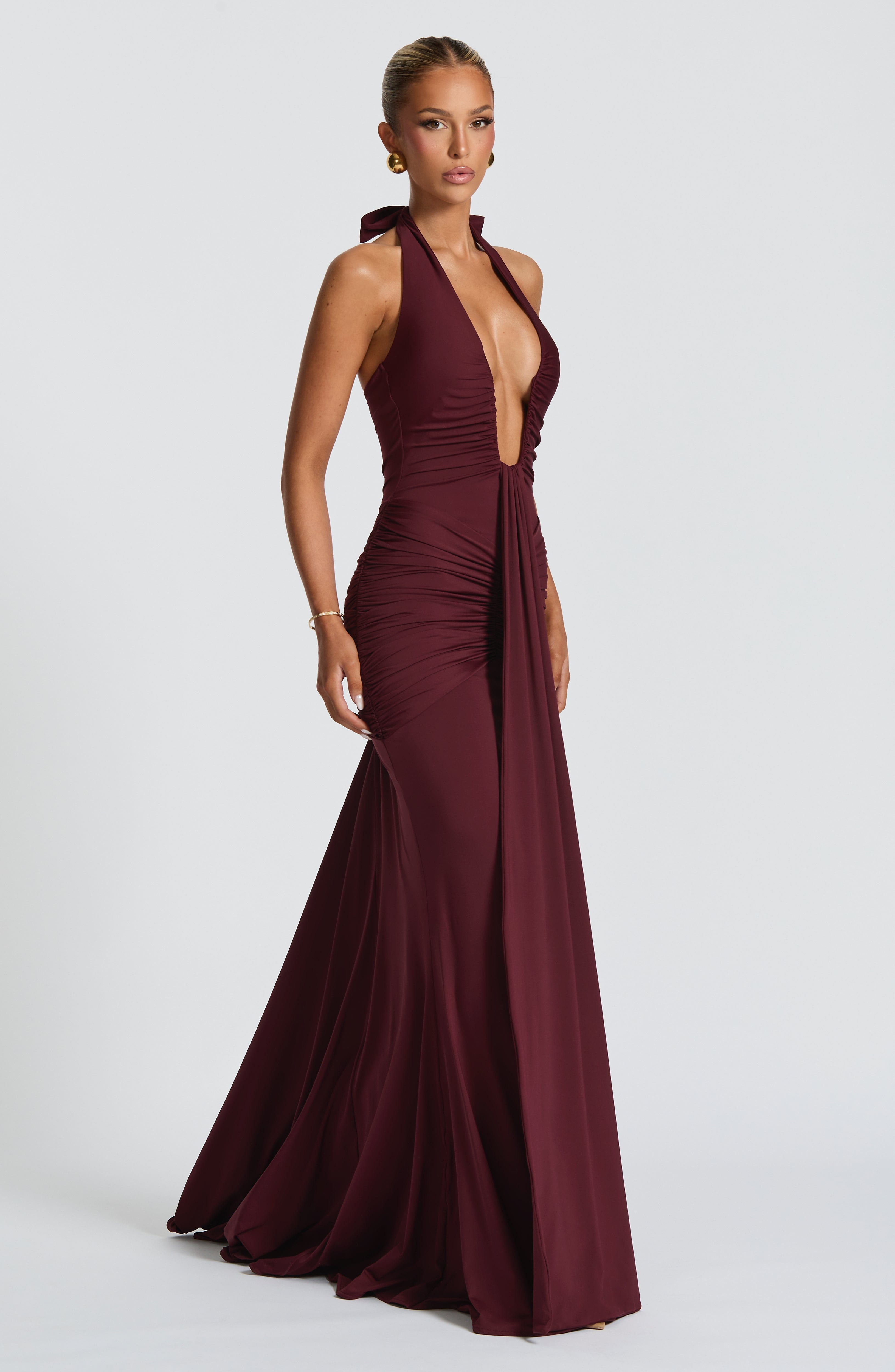 Women's Halterneck Maxi Dress with Draped Front and Train - 3