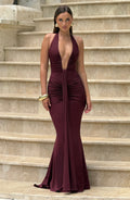 Women's Halterneck Maxi Dress with Draped Front and Train - 4