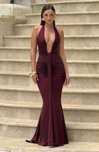 Women's Halterneck Maxi Dress with Draped Front and Train - 4