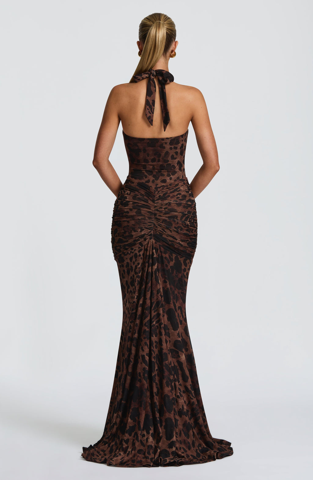 Women's Halterneck Maxi Dress with Plunging Neckline and Ruched Train - 6