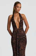 Women's Halterneck Maxi Dress with Plunging Neckline and Ruched Train - 10