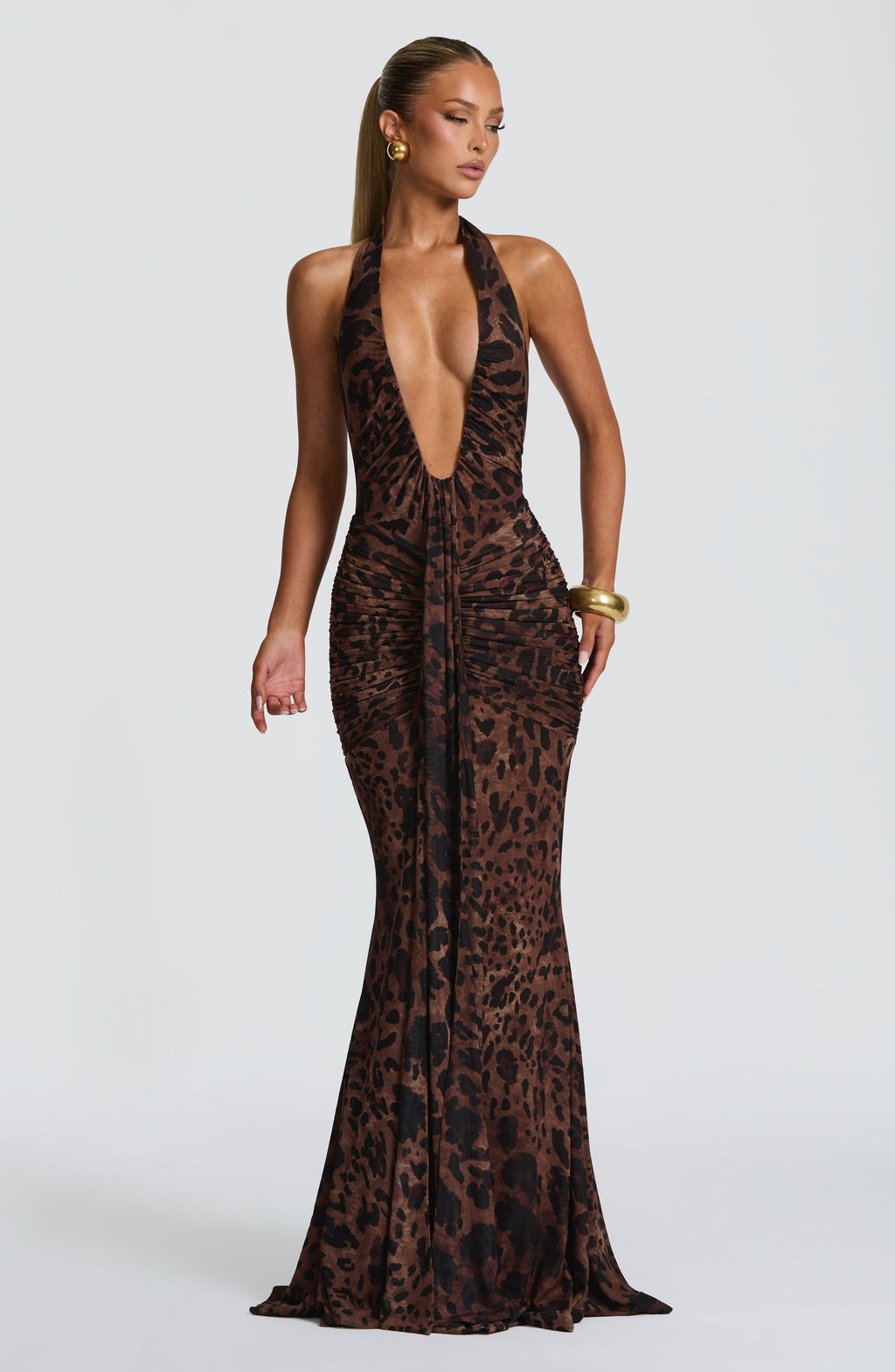 Women's Halterneck Maxi Dress with Plunging Neckline and Ruched Train - 14