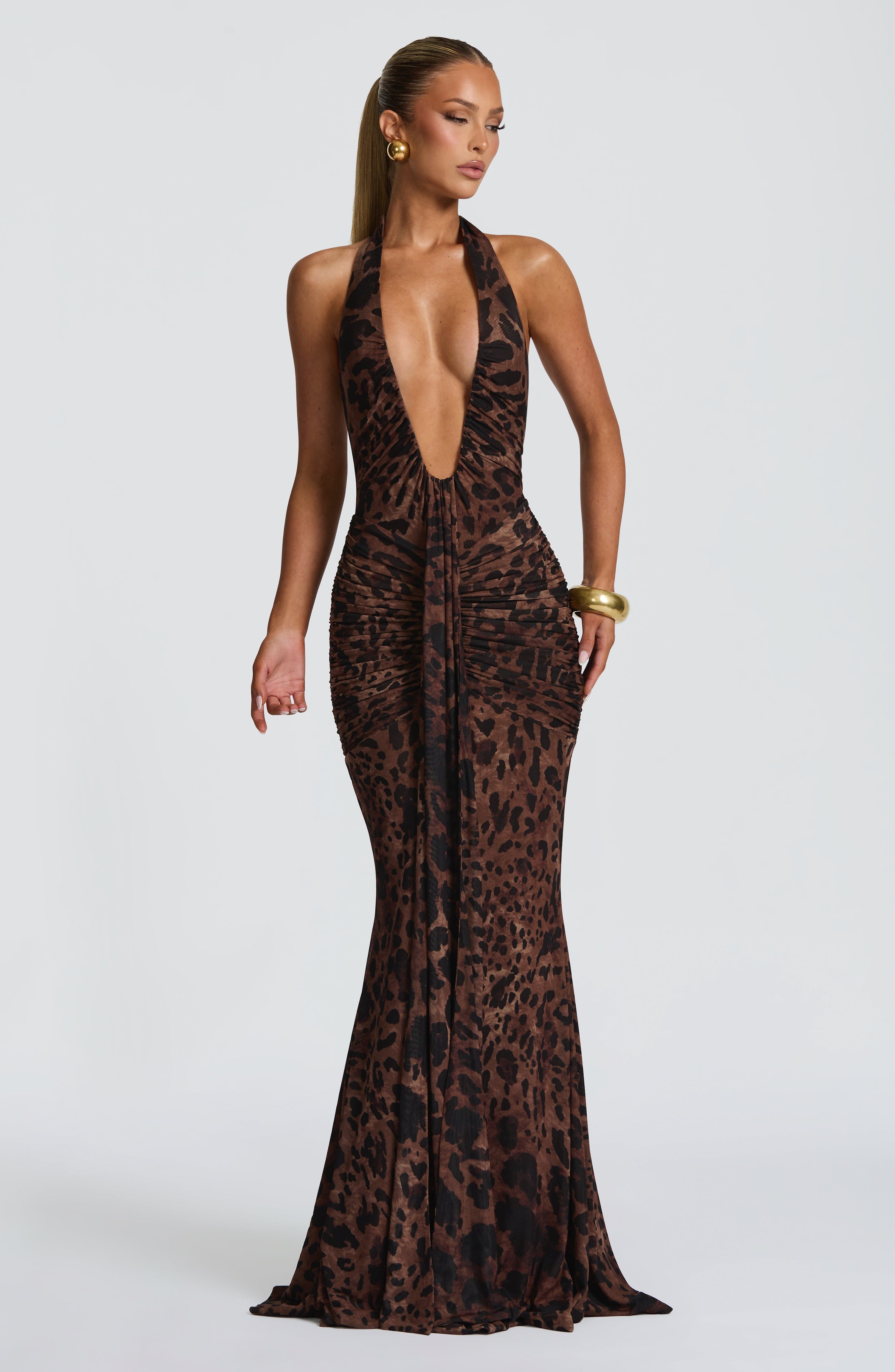 Women's Halterneck Maxi Dress with Plunging Neckline and Ruched Train - 14