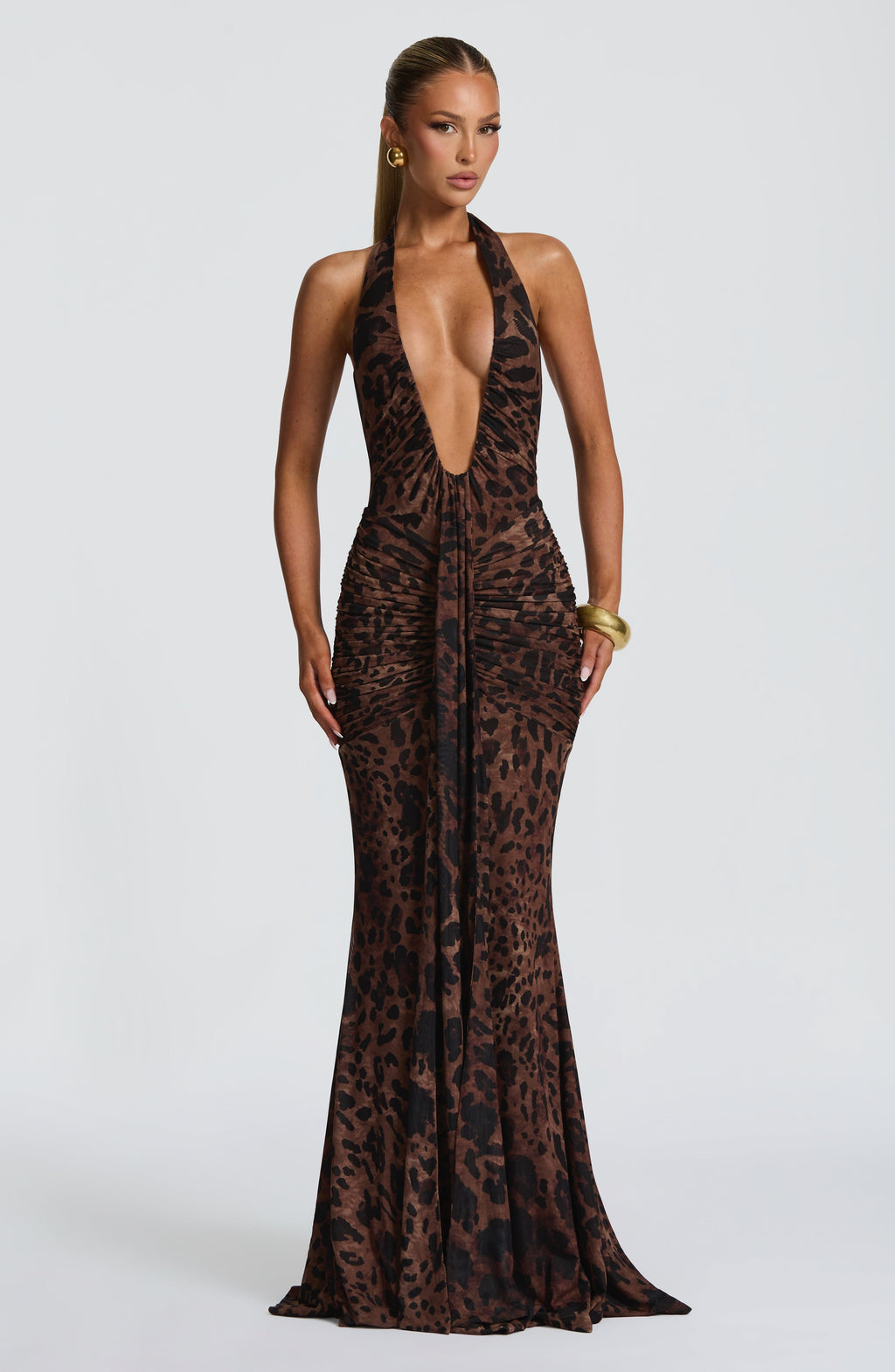 Women's Halterneck Maxi Dress with Plunging Neckline and Ruched Train - 2