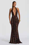 Women's Halterneck Maxi Dress with Plunging Neckline and Ruched Train - 2