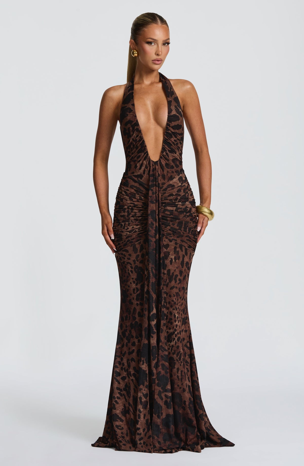 Women's Halterneck Maxi Dress with Plunging Neckline and Ruched Train - 2