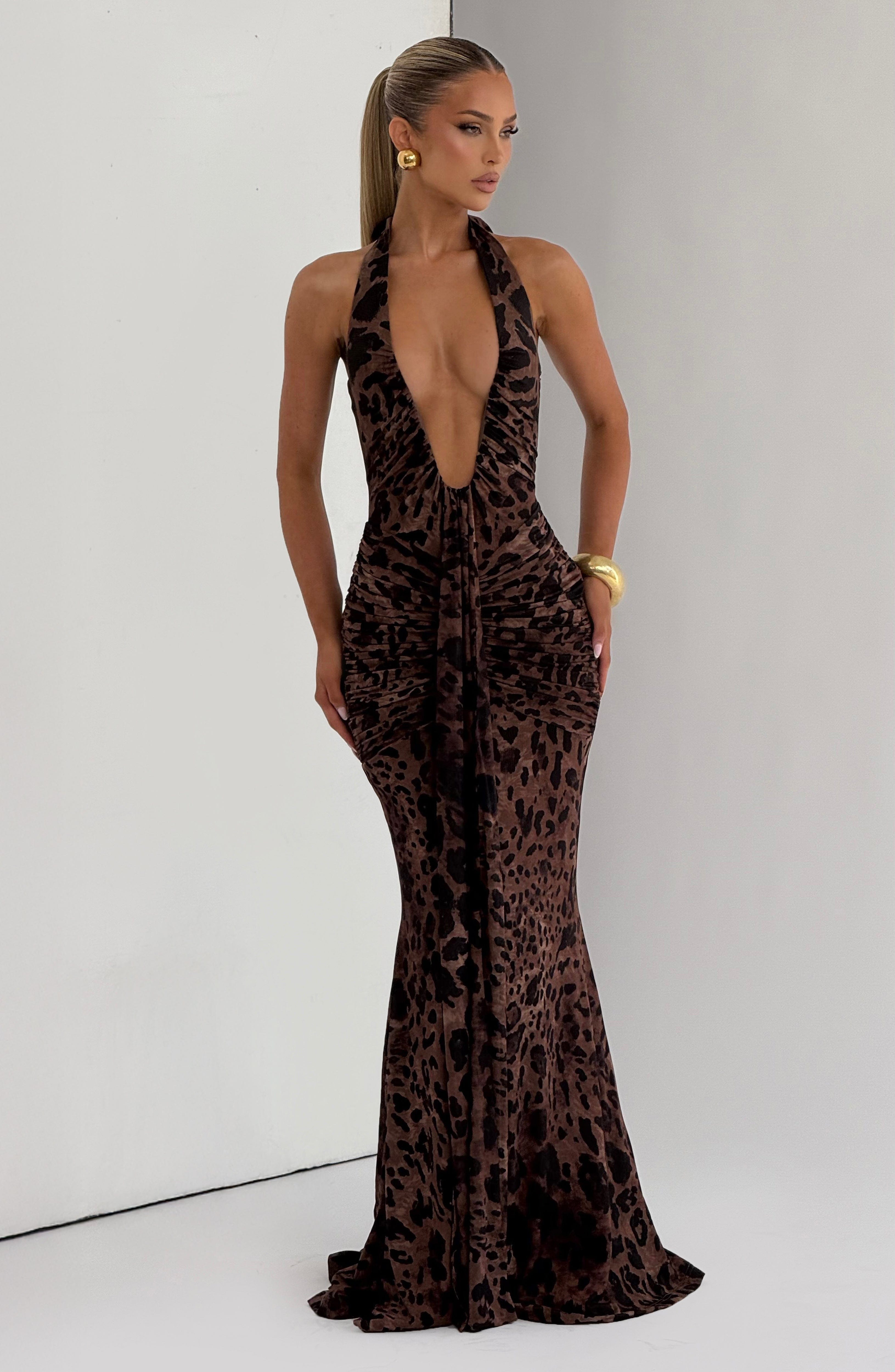 Women's Halterneck Maxi Dress with Plunging Neckline and Ruched Train - 13
