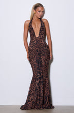 Women's Halterneck Maxi Dress with Plunging Neckline and Ruched Train - 7