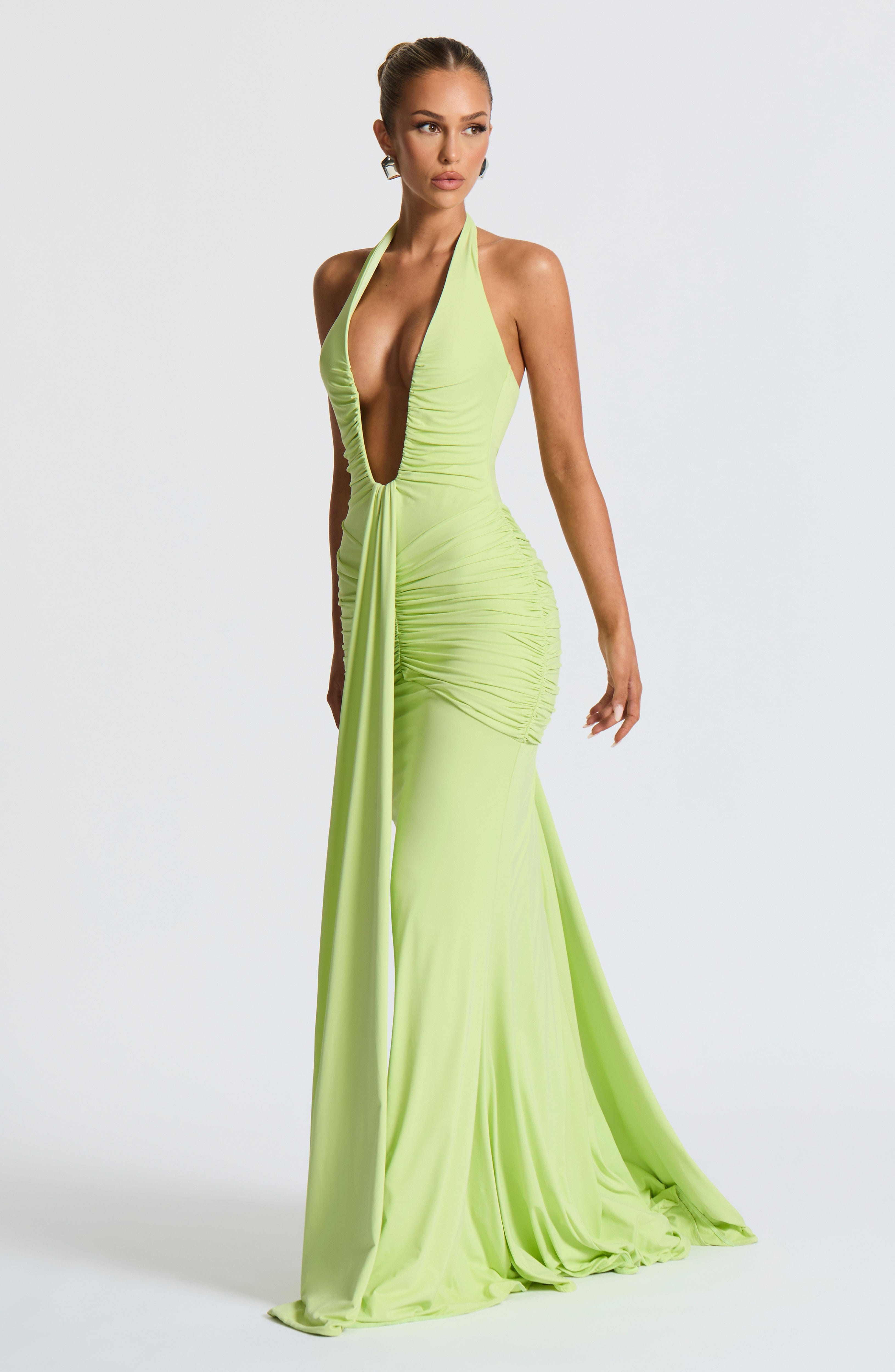 Women's Halterneck Maxi Dress with Ruched Front and Sweeping Train - 3