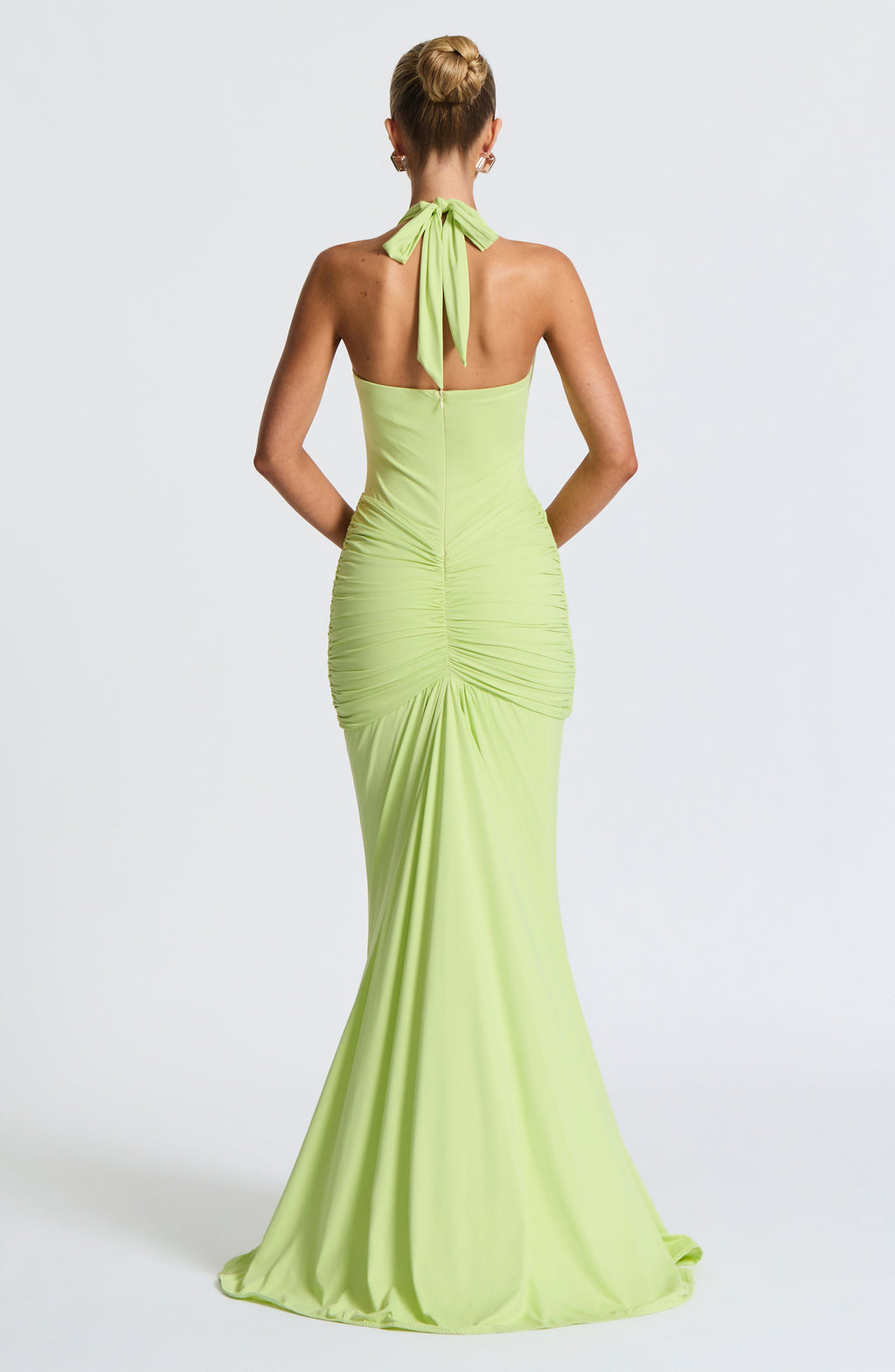 Women's Halterneck Maxi Dress with Ruched Front and Sweeping Train - 6
