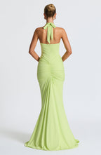 Women's Halterneck Maxi Dress with Ruched Front and Sweeping Train - 6