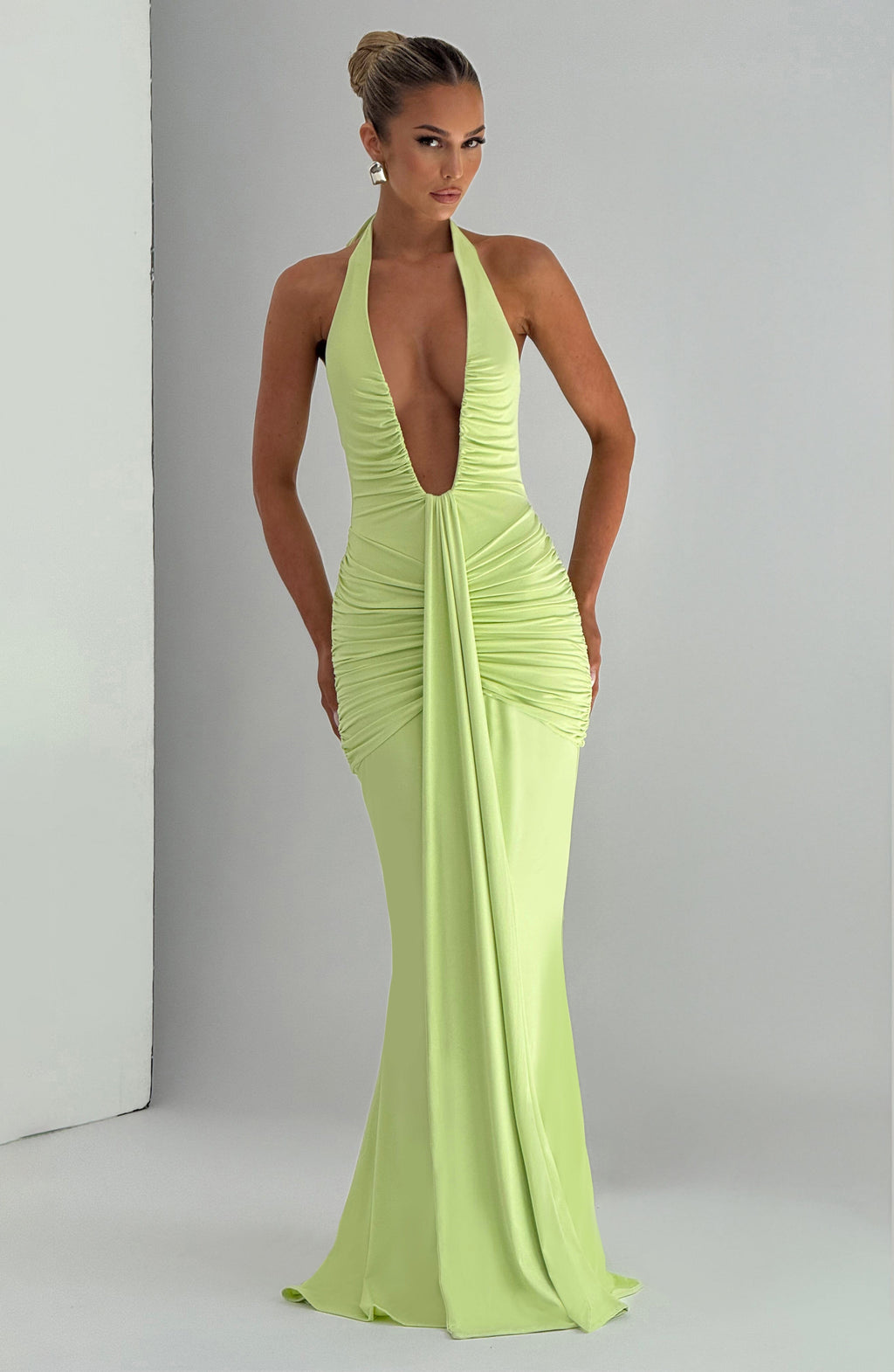 Women's Halterneck Maxi Dress with Ruched Front and Sweeping Train - 5