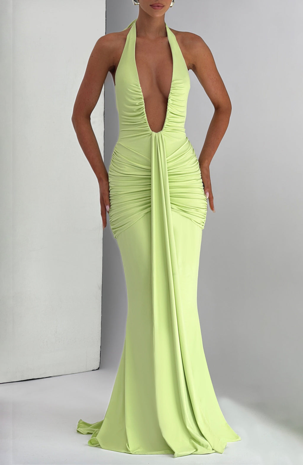 Women's Halterneck Maxi Dress with Ruched Front and Sweeping Train - 4